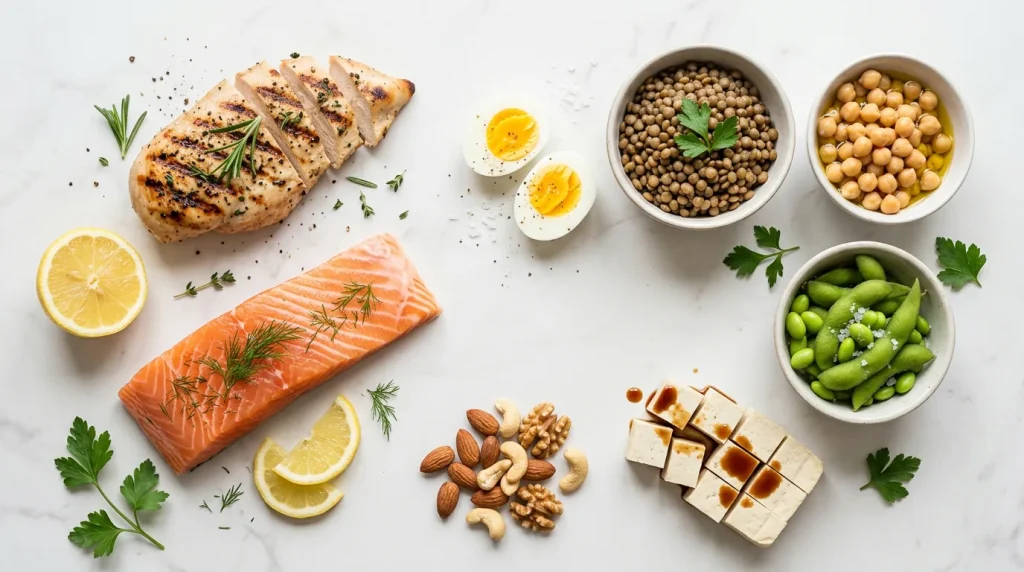 Sources alimentaires d'acides aminés essentiels : viande, oeufs, légumineuses et noix