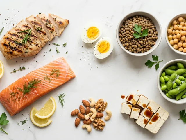 Sources alimentaires d'acides aminés essentiels : viande, oeufs, légumineuses et noix