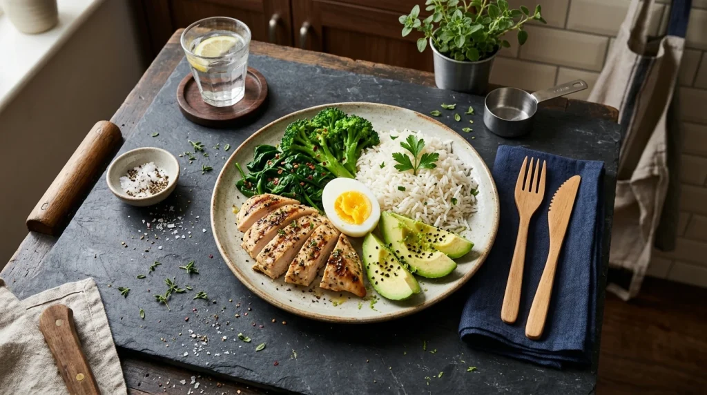 Assiette type pour une alimentation de prise de masse : proteine, feculent, legumes et bons lipides