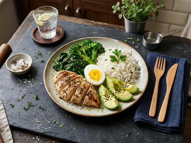 Assiette type pour une alimentation de prise de masse : proteine, feculent, legumes et bons lipides