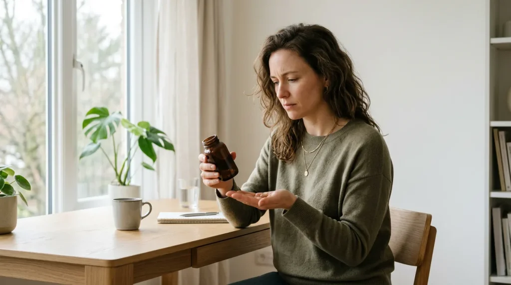 ashwagandha contre-indication : femme s'interrogeant sur la prise d'un complement alimentaire