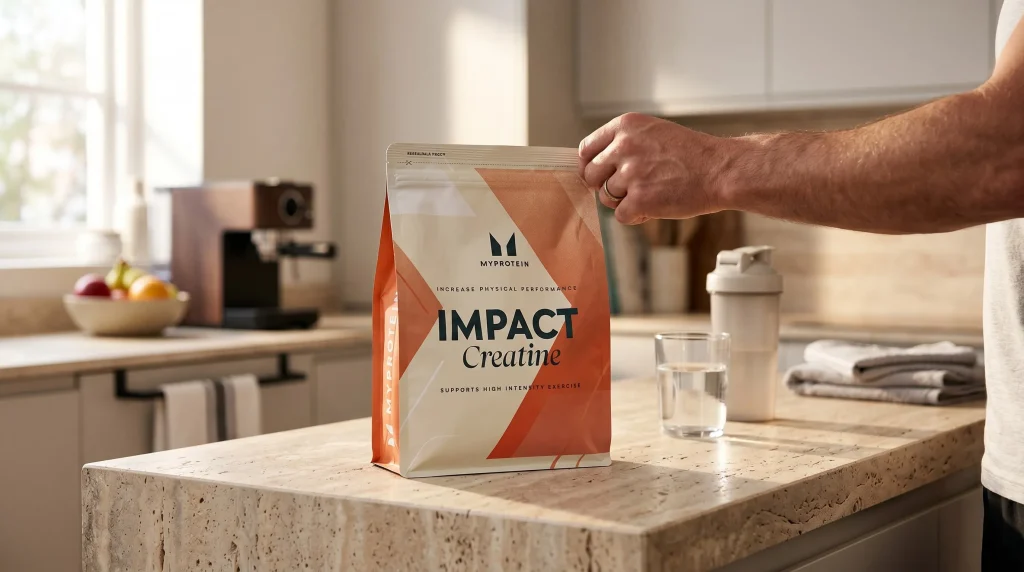 Impact Creatine Myprotein : sachet, dosette en plastique et verre d eau