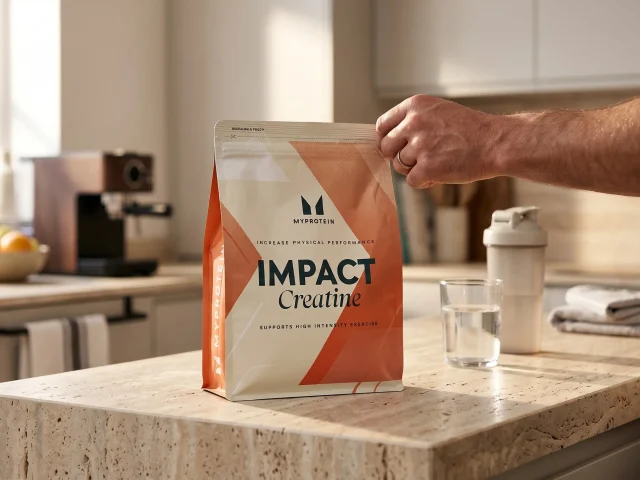 Impact Creatine Myprotein : sachet, dosette en plastique et verre d eau