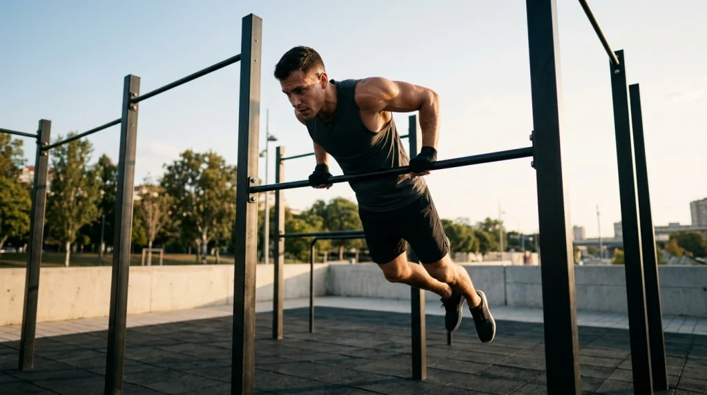 Athlete realisant un bar muscle up sur une barre de traction en exterieur