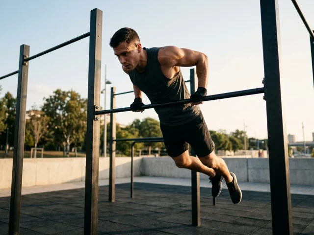 Athlete realisant un bar muscle up sur une barre de traction en exterieur