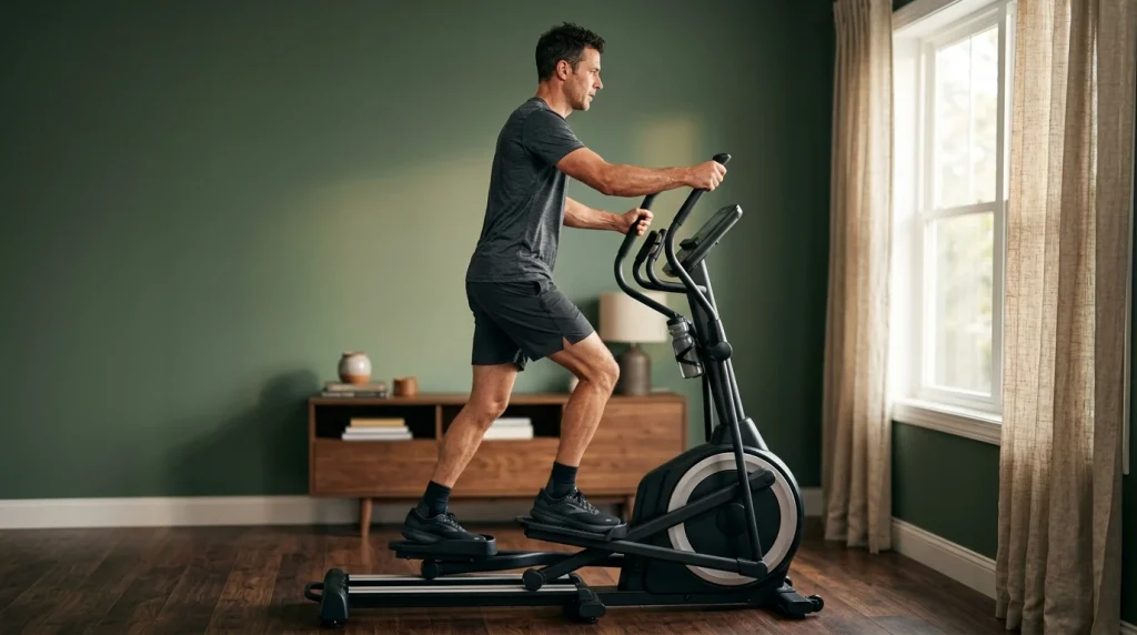 Homme utilisant un velo elliptique a domicile, vue de profil en plein mouvement