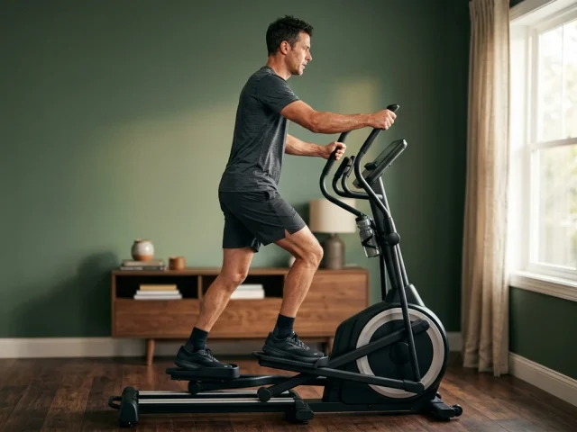 Homme utilisant un velo elliptique a domicile, vue de profil en plein mouvement
