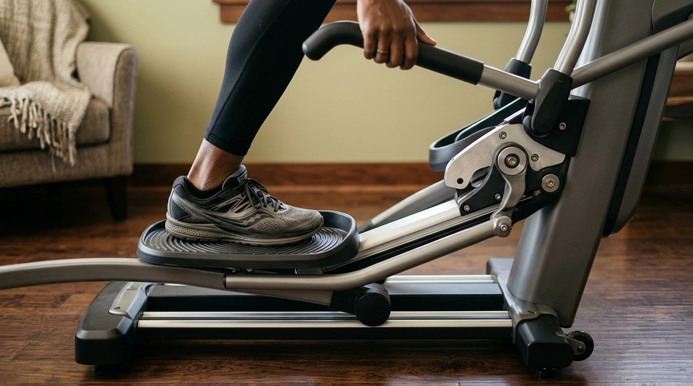 Détail des pédales et poignées d'un vélo elliptique en mouvement