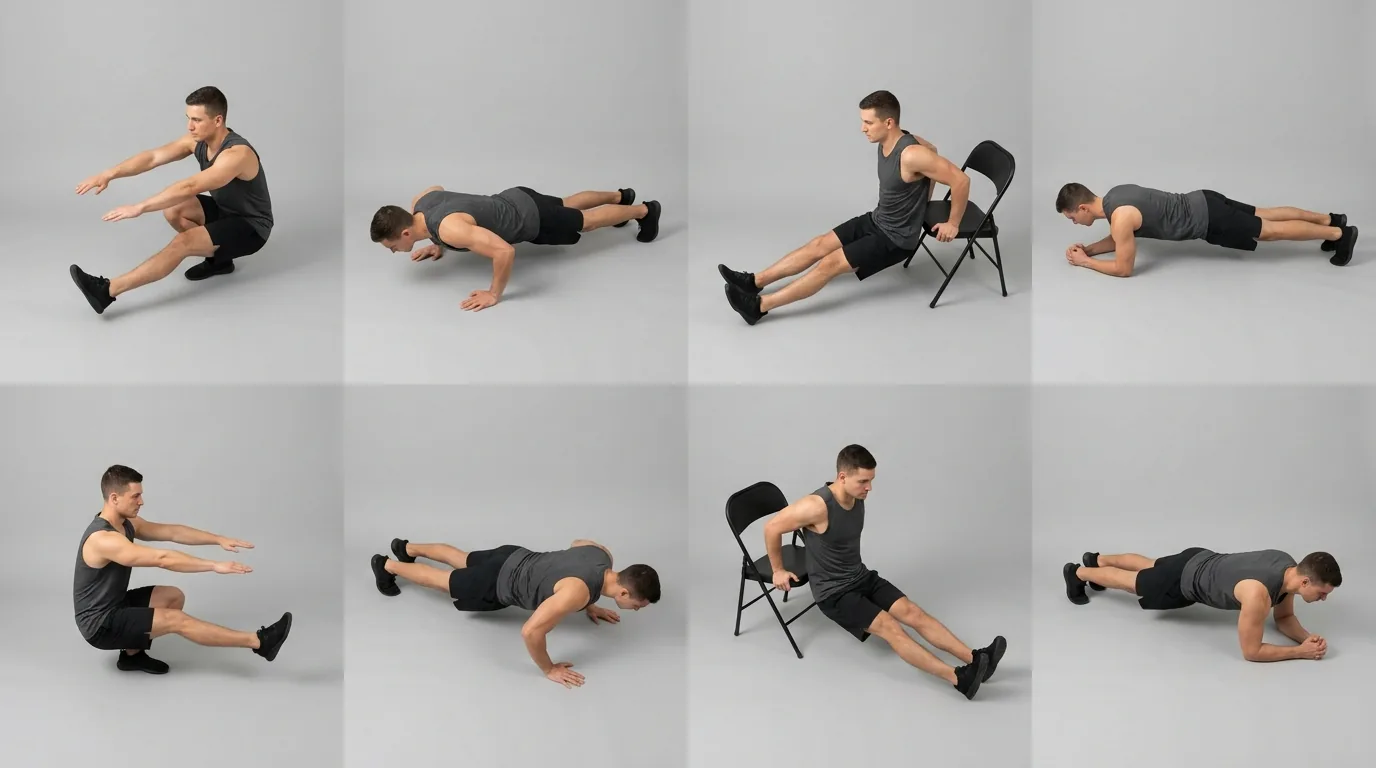 les 4 exercices fondamentaux d'un programme callisthénie débutant : squat, pompes, dips, planche