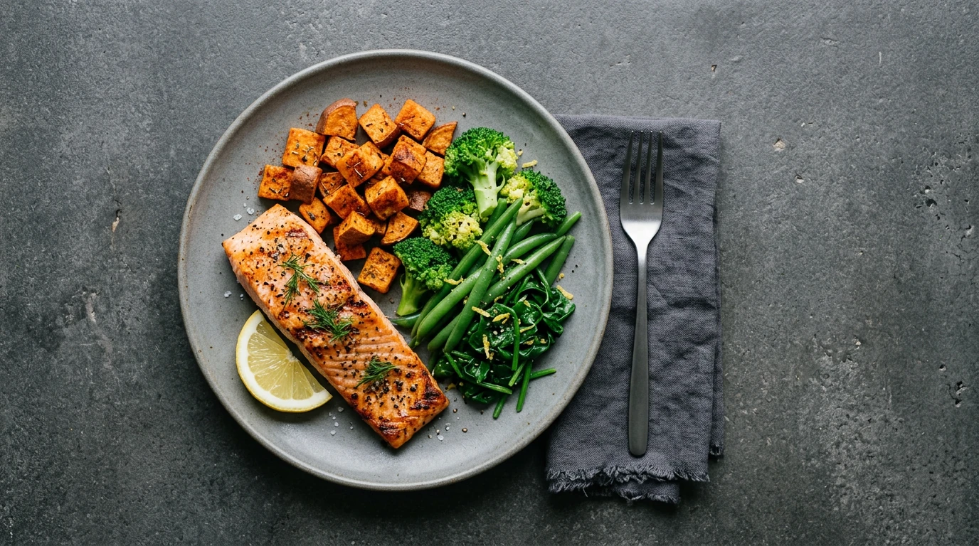 Assiette équilibrée illustrant un repas type d'une femme active