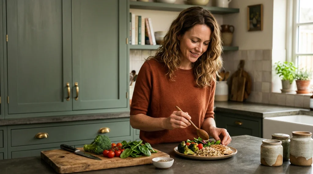 Femme composant une assiette equilibree pour couvrir ses besoins caloriques journaliers