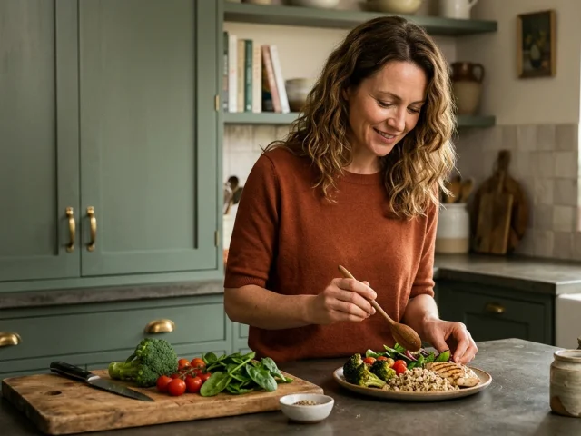 Femme composant une assiette equilibree pour couvrir ses besoins caloriques journaliers