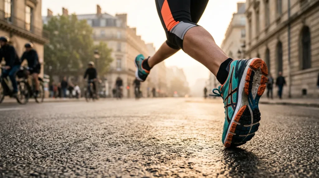 choisir sa chaussure de running femme : vue sur les pieds d'une coureuse en action