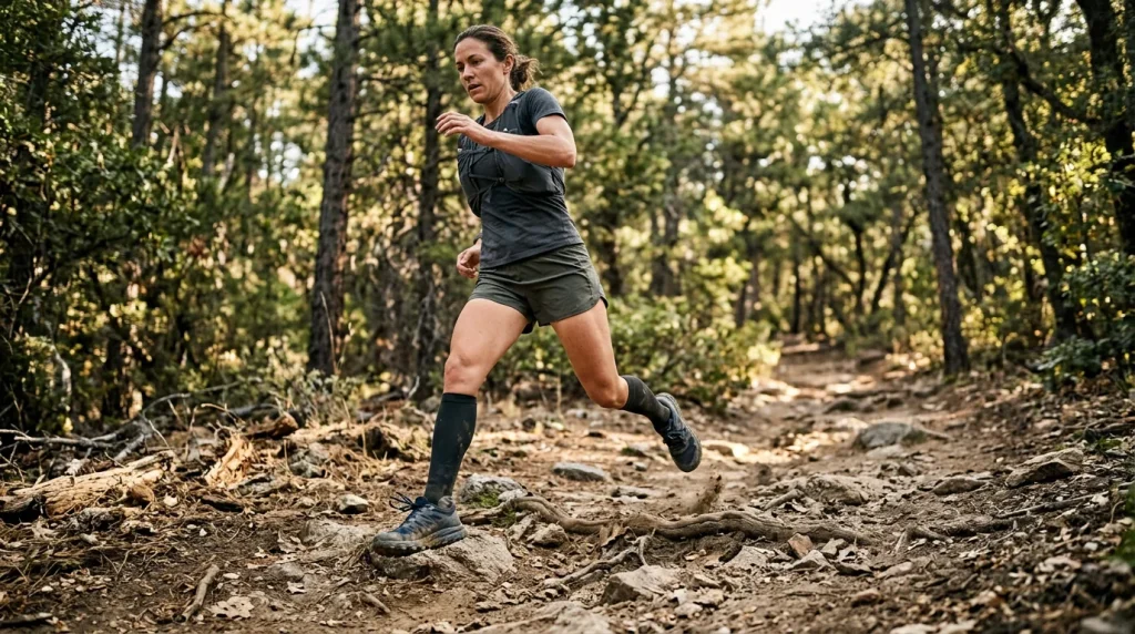 Coureuse en trail sur sentier forestier avec chaussures de trail adaptées au terrain