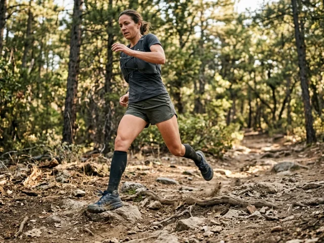 Coureuse en trail sur sentier forestier avec chaussures de trail adaptées au terrain