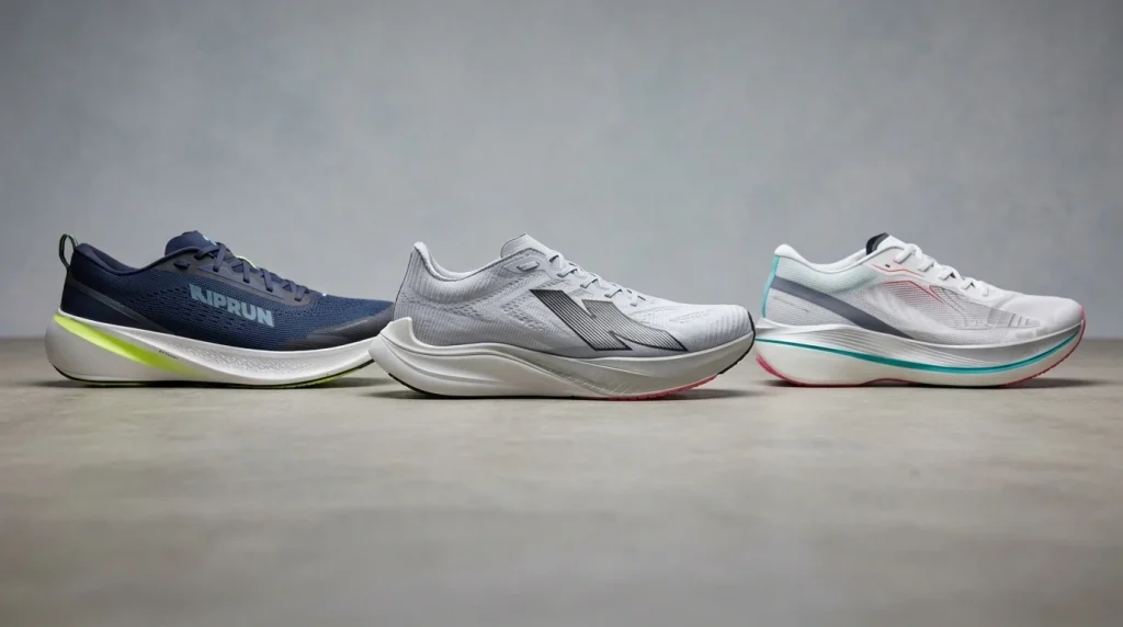 Trois modèles de chaussures de running Kiprun de Decathlon : Kipcore, KD900 et Kipstorm Challenger