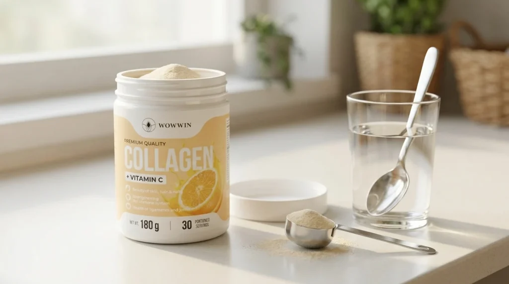 Pot de collagène en poudre, dosette et verre d'eau pour préparer une cure