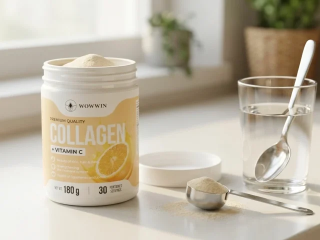Pot de collagène en poudre, dosette et verre d'eau pour préparer une cure