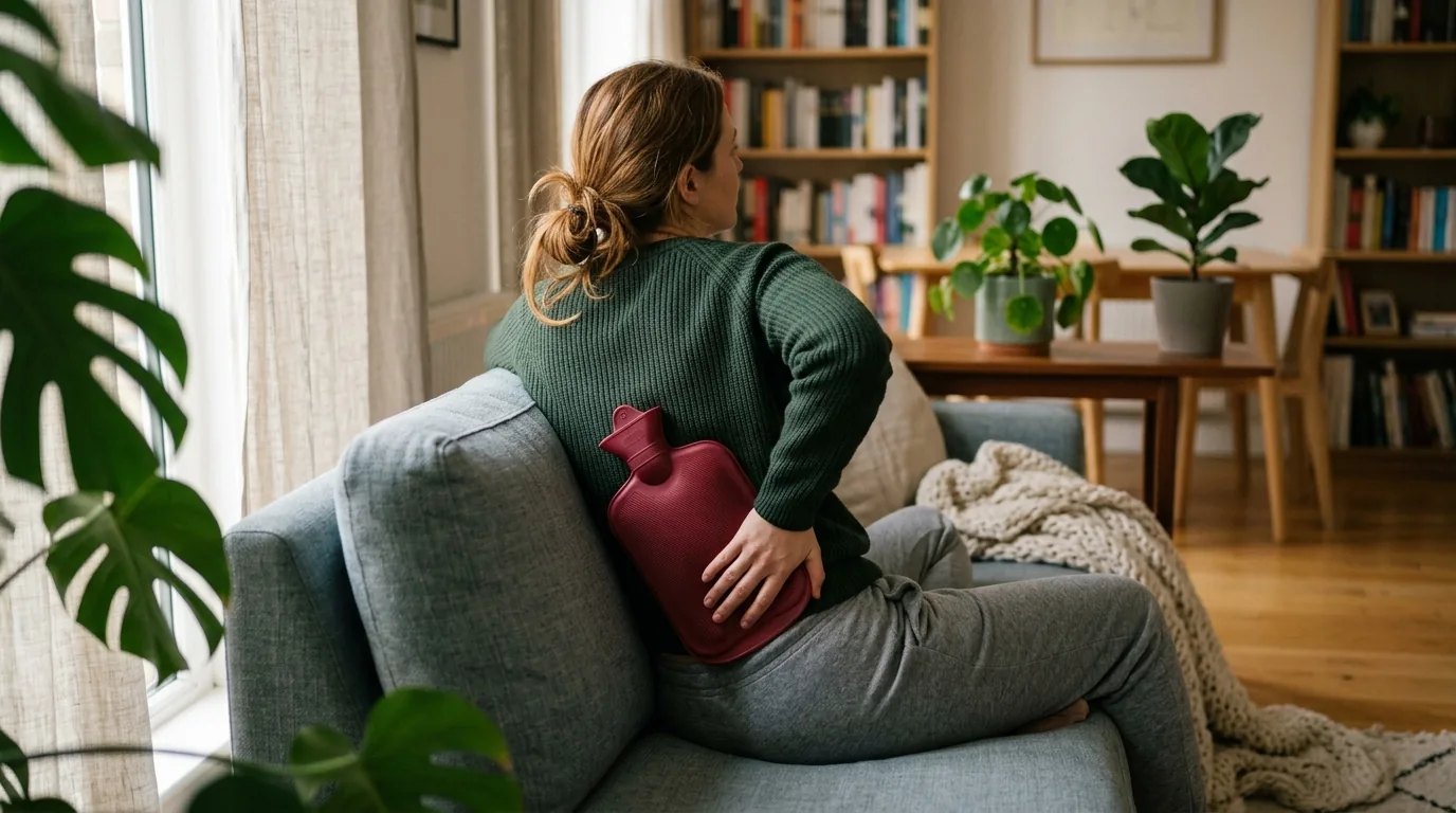 application de chaleur sur une contracture musculaire du dos avec une bouillotte