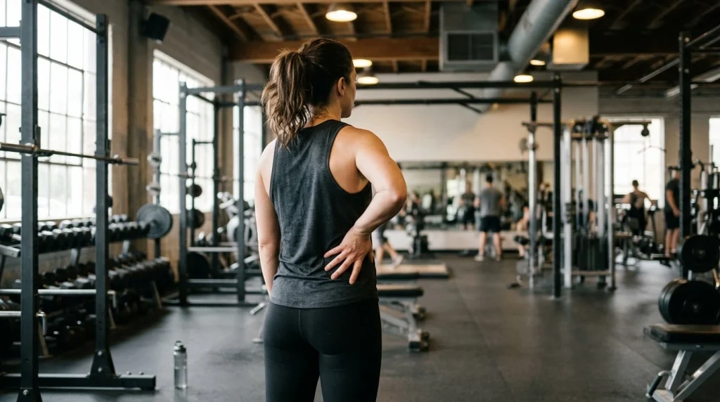 Sportive se tenant le bas du dos au niveau des reins dans une salle de sport