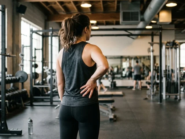 Sportive se tenant le bas du dos au niveau des reins dans une salle de sport