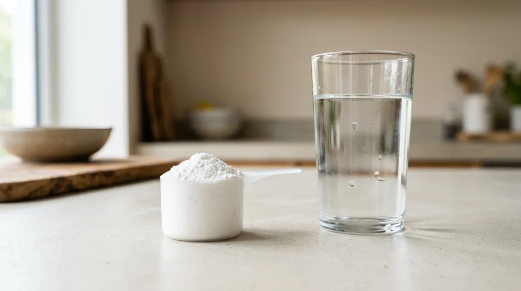 Dose de créatine en poudre et verre d'eau, prise maîtrisée