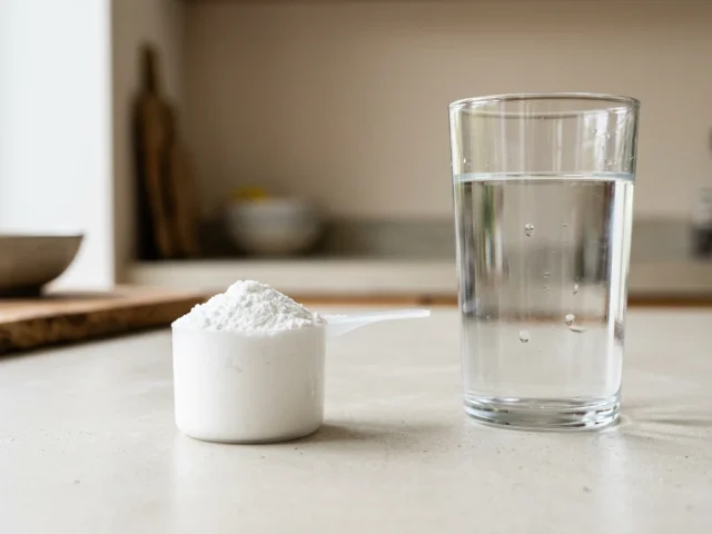 Dose de créatine en poudre et verre d'eau, prise maîtrisée