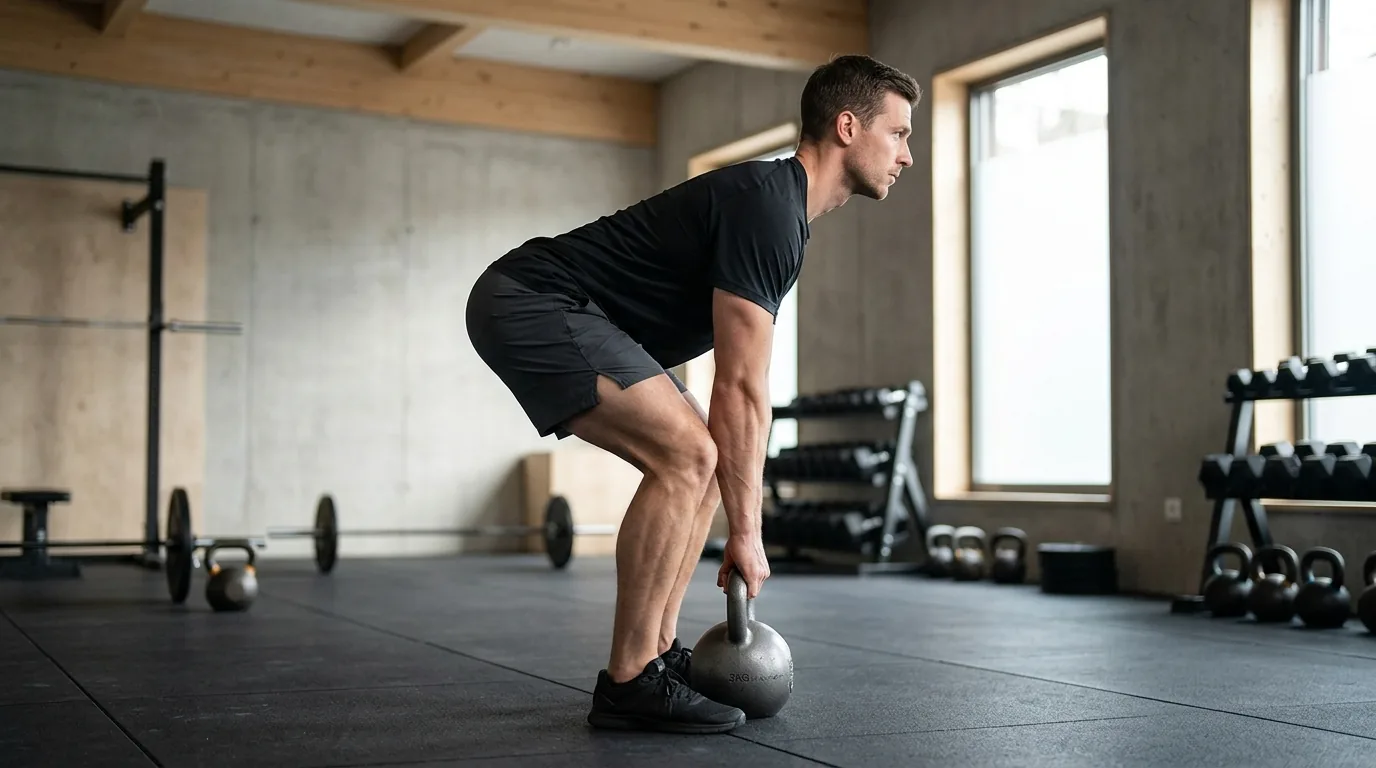 position de départ deadlift kettlebell, placement des pieds et du kettlebell