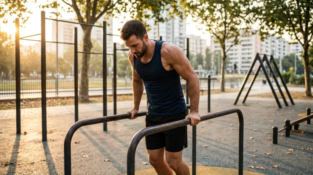 Homme réalisant des dips sur barres parallèles, muscles du haut du corps engagés