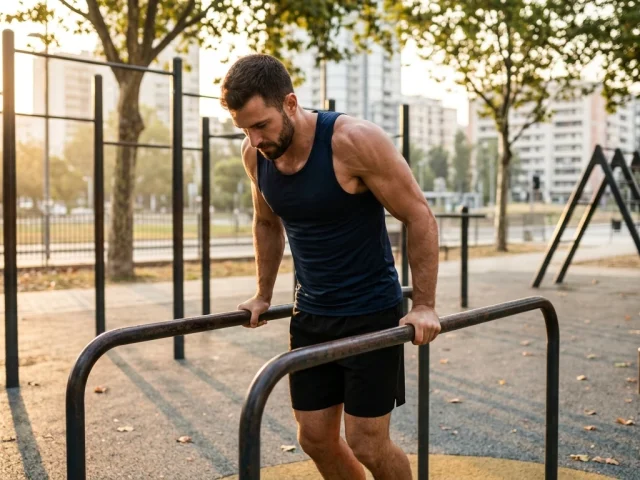 Homme réalisant des dips sur barres parallèles, muscles du haut du corps engagés