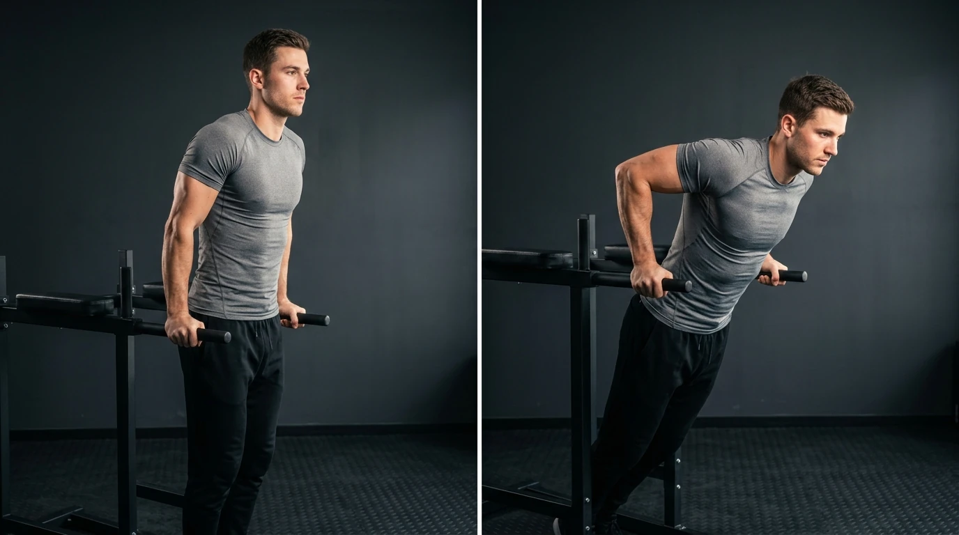 Deux positions de dips : buste droit pour les triceps, penché en avant pour les pectoraux
