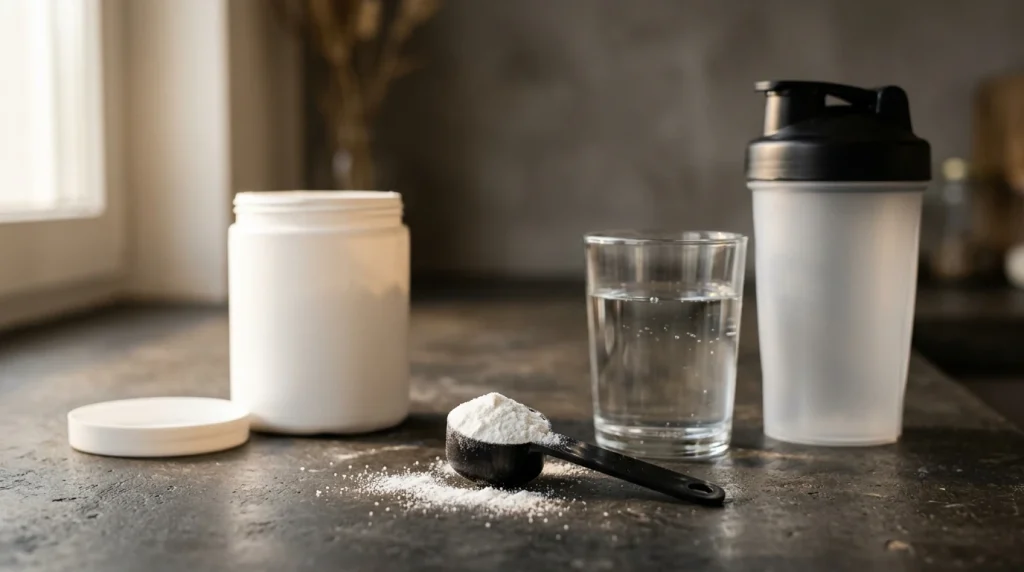 Dosette de créatine monohydrate et verre d'eau illustrant la dose quotidienne