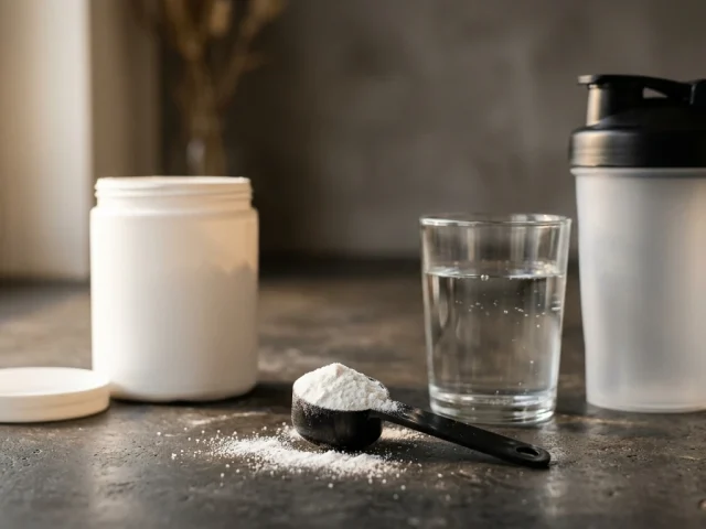 Dosette de créatine monohydrate et verre d'eau illustrant la dose quotidienne