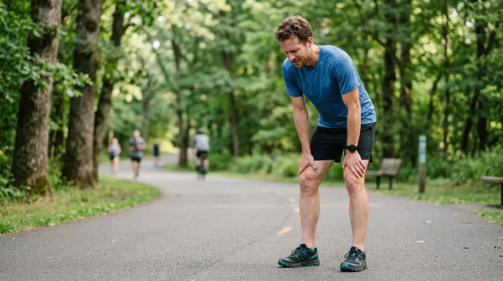 Coureur s'arretant en tenant son genou douloureux pendant une sortie de course a pied