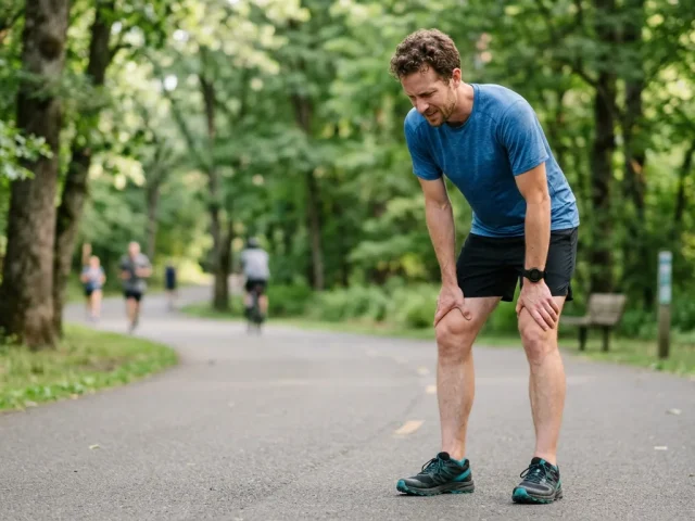 Coureur s'arretant en tenant son genou douloureux pendant une sortie de course a pied