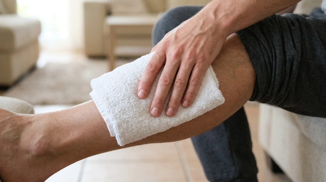 application de froid sur une douleur musculaire à la jambe