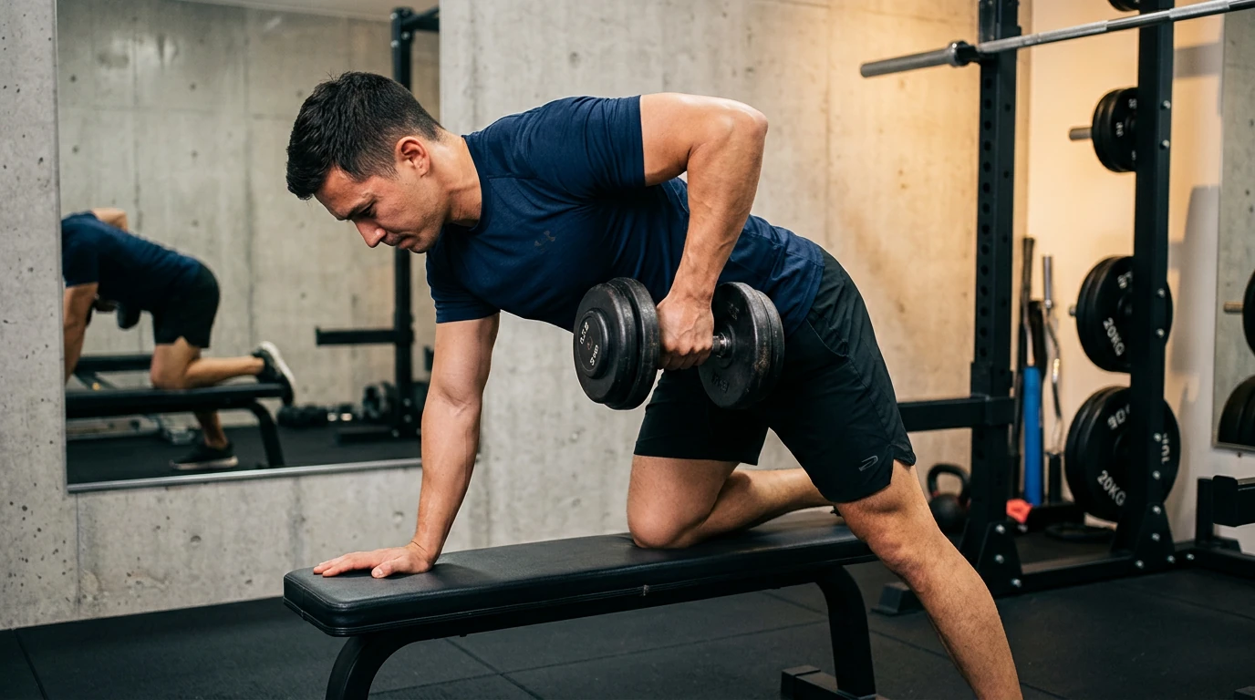 Rowing unilateral a l'haltere, genou en appui sur un banc et dos plat