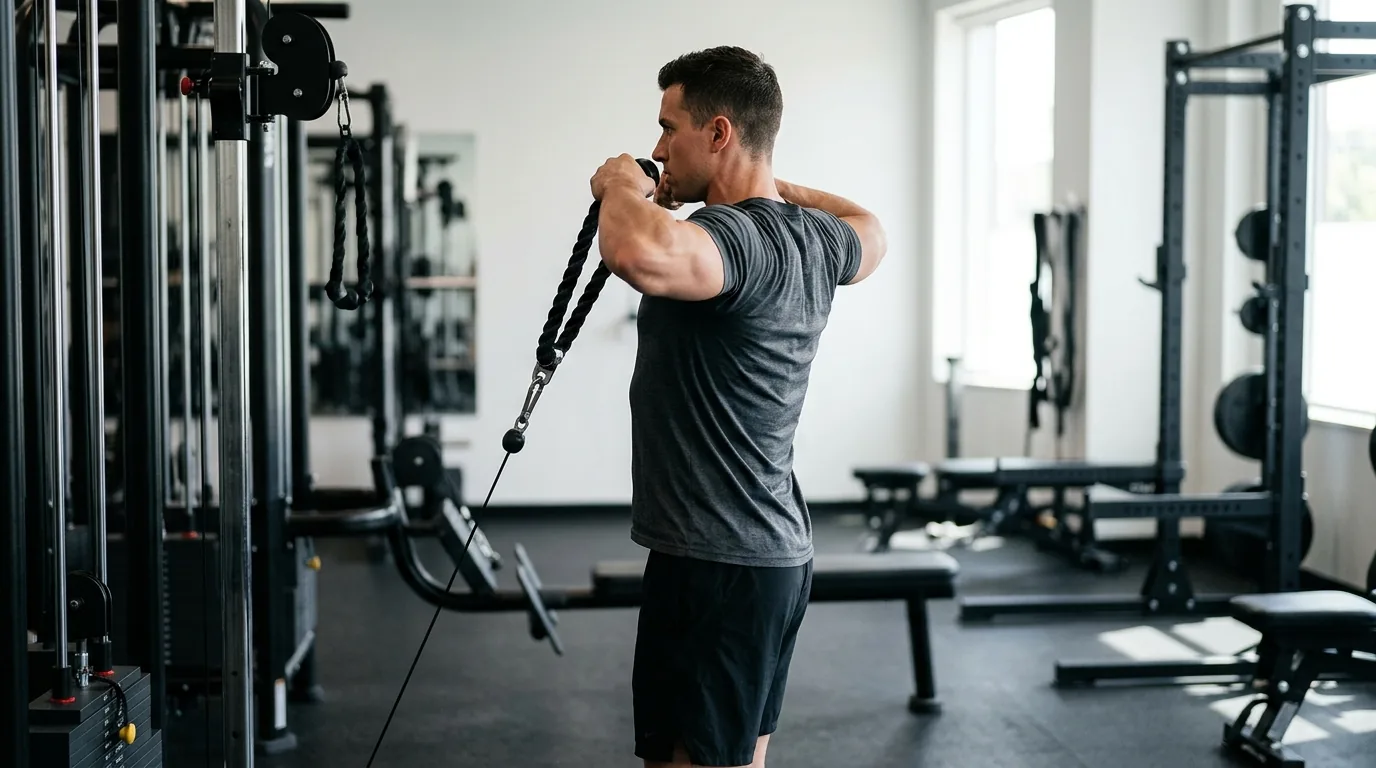 face pull à la corde : position debout, coudes hauts, tirage vers le visage