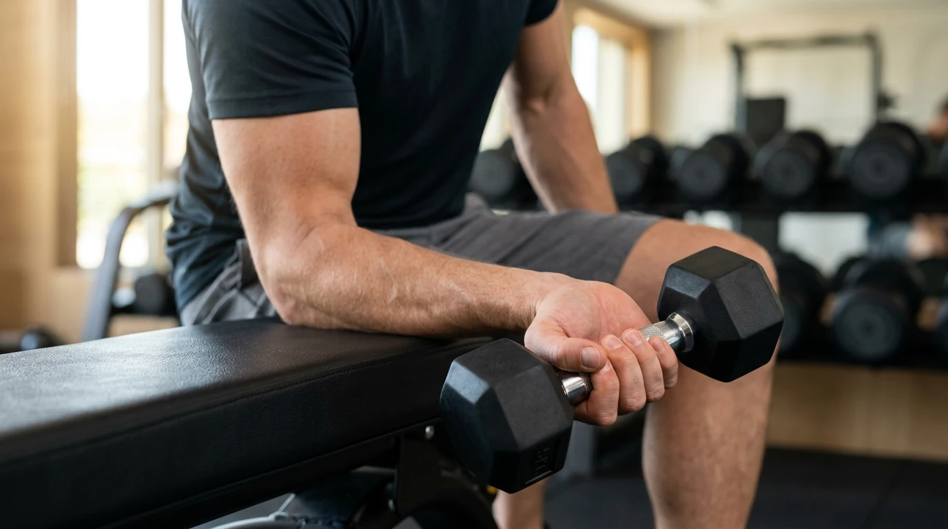 Curl de poignet en supination aux haltères sur banc, avant-bras posés à plat