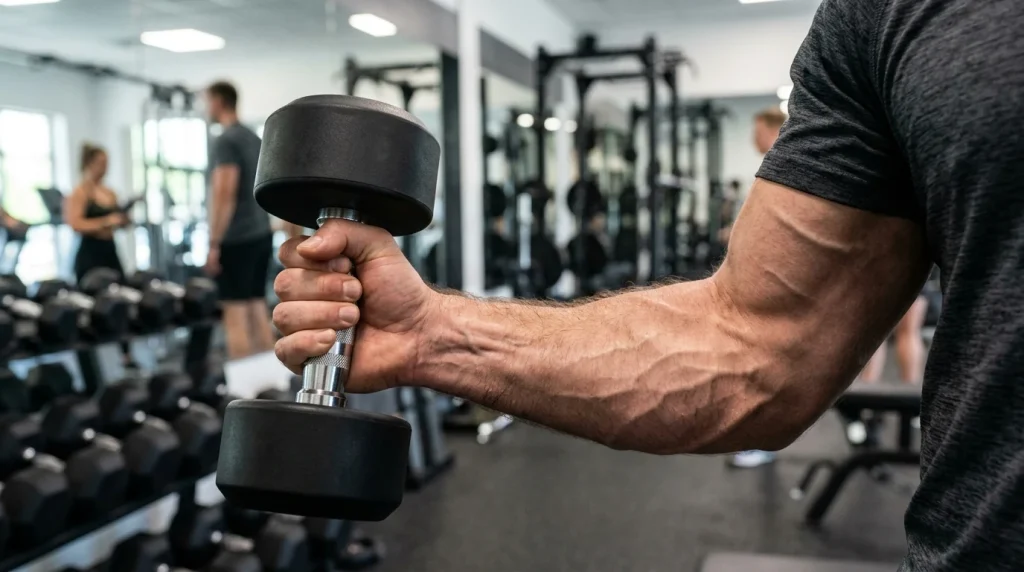 Exercice avant-bras haltère : curl marteau en prise neutre sur un pratiquant de musculation
