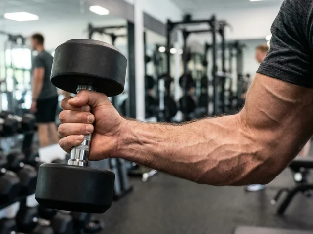 Exercice avant-bras haltère : curl marteau en prise neutre sur un pratiquant de musculation