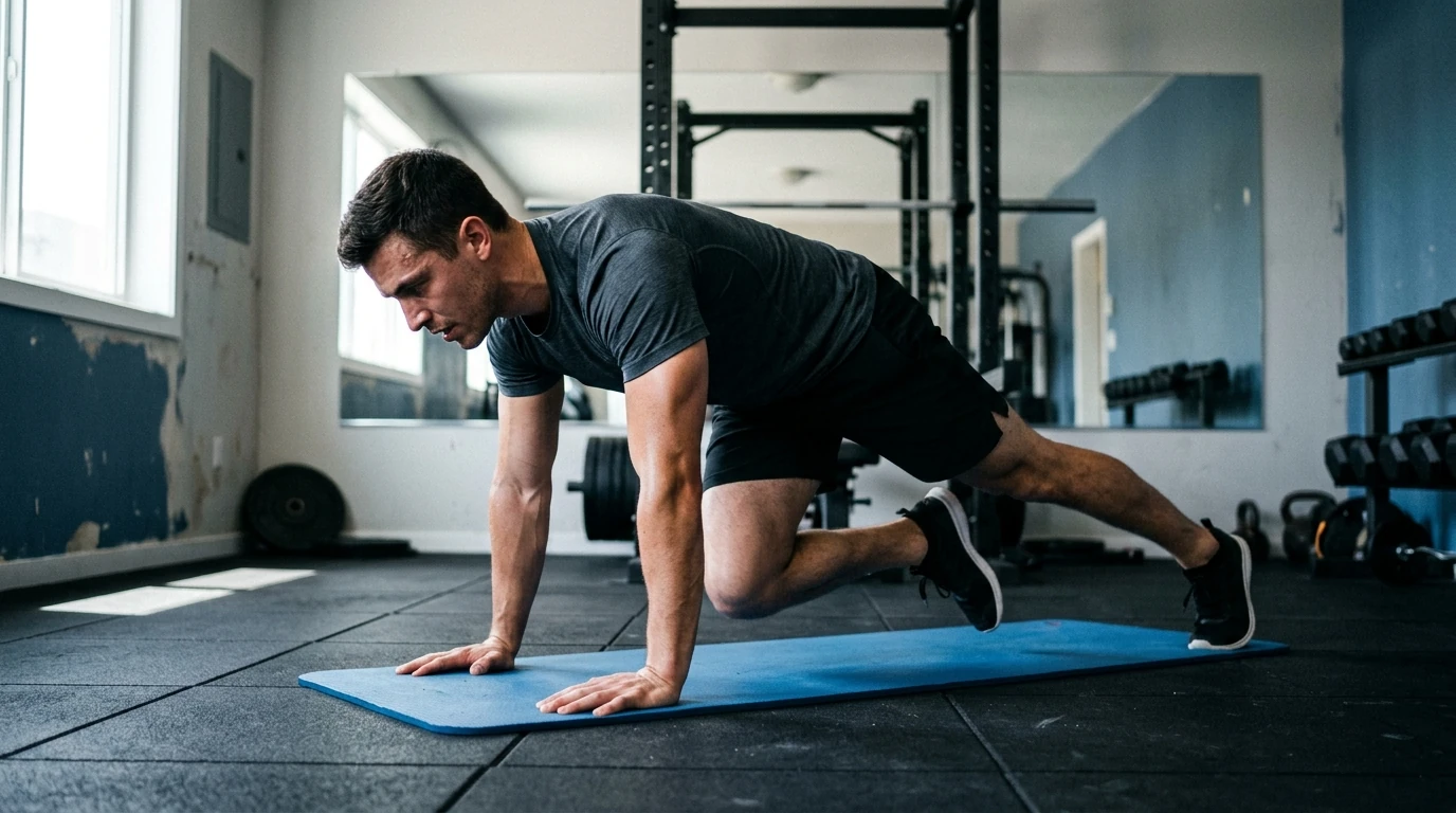 Exécution du mountain climber, exercice cardio et de gainage pour le ventre