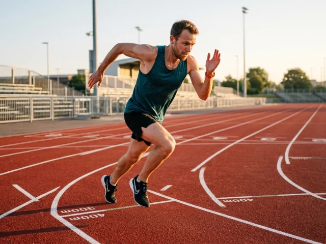 Coureur en plein effort lors d'une seance de fractionne en course a pied