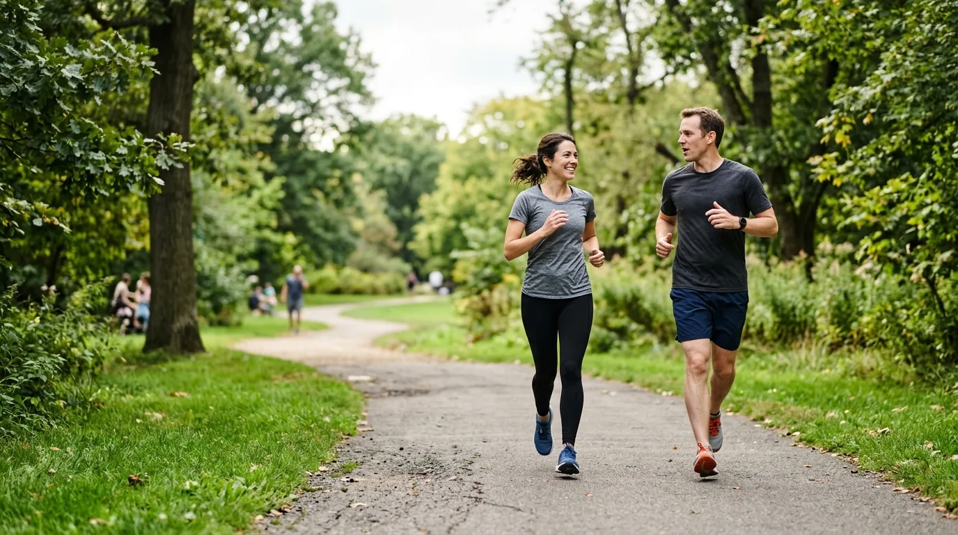 Deux coureurs discutant en courant à allure modérée