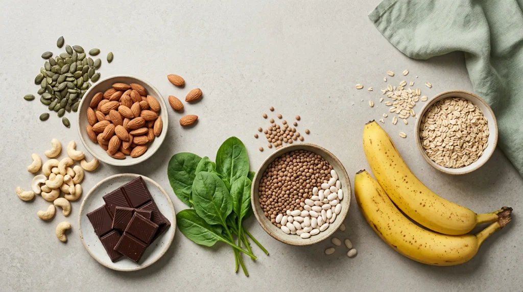Aliments riches en magnesium disposes sur un plan de travail : graines de courge, amandes, chocolat noir, epinards et legumineuses