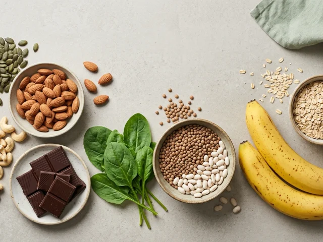 Aliments riches en magnesium disposes sur un plan de travail : graines de courge, amandes, chocolat noir, epinards et legumineuses