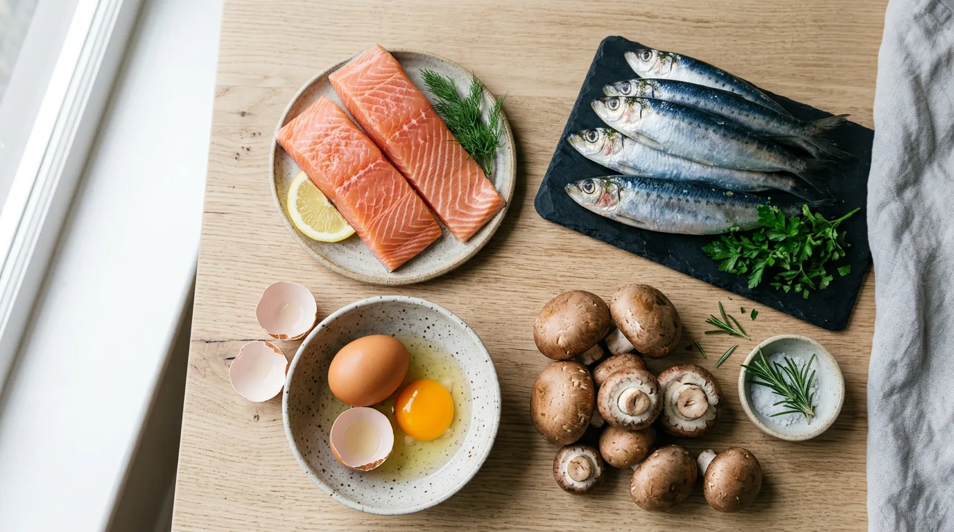 aliments riches en vitamine D : saumon, sardines, champignons et jaune d'œuf