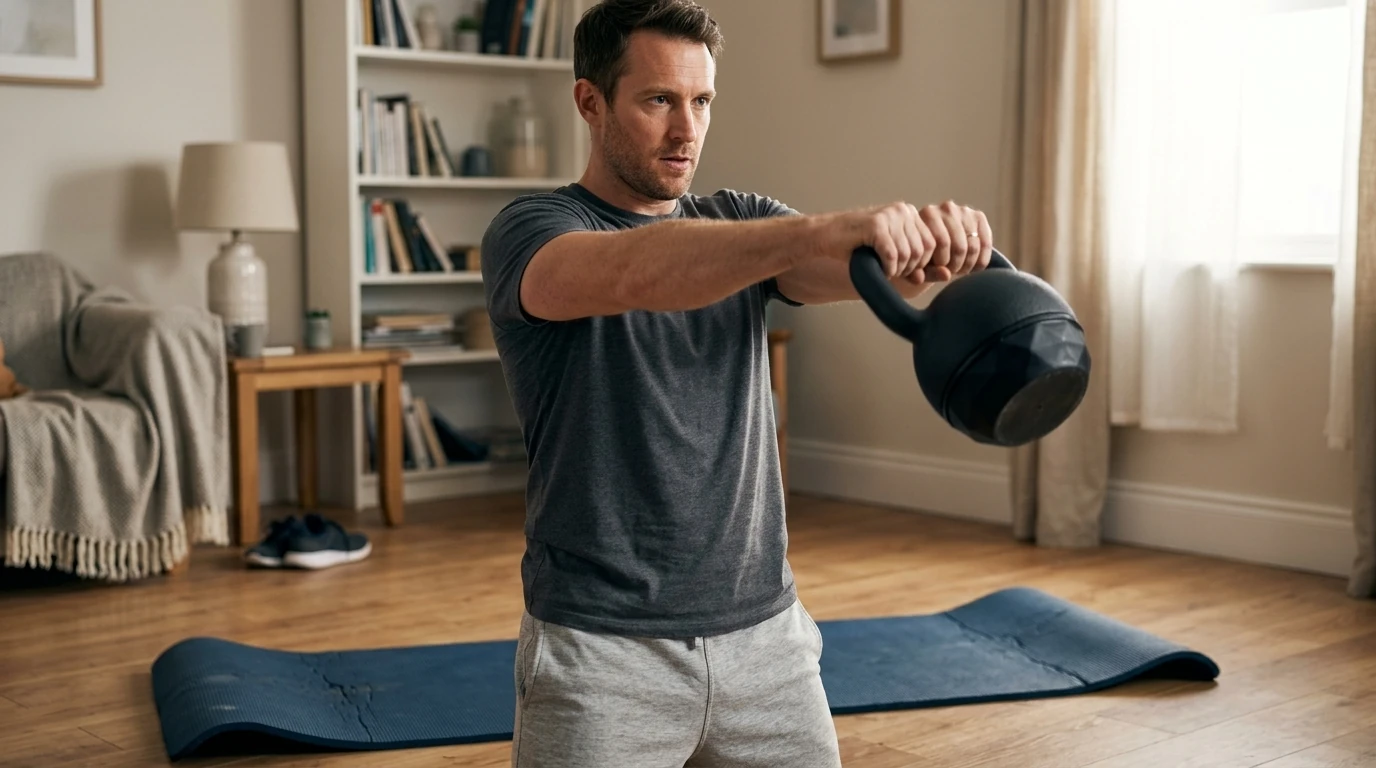 Kettlebell en fonte utilisée lors d'un swing à la maison