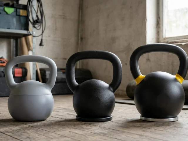 Trois kettlebells comparées : vinyle, fonte et acier compétition