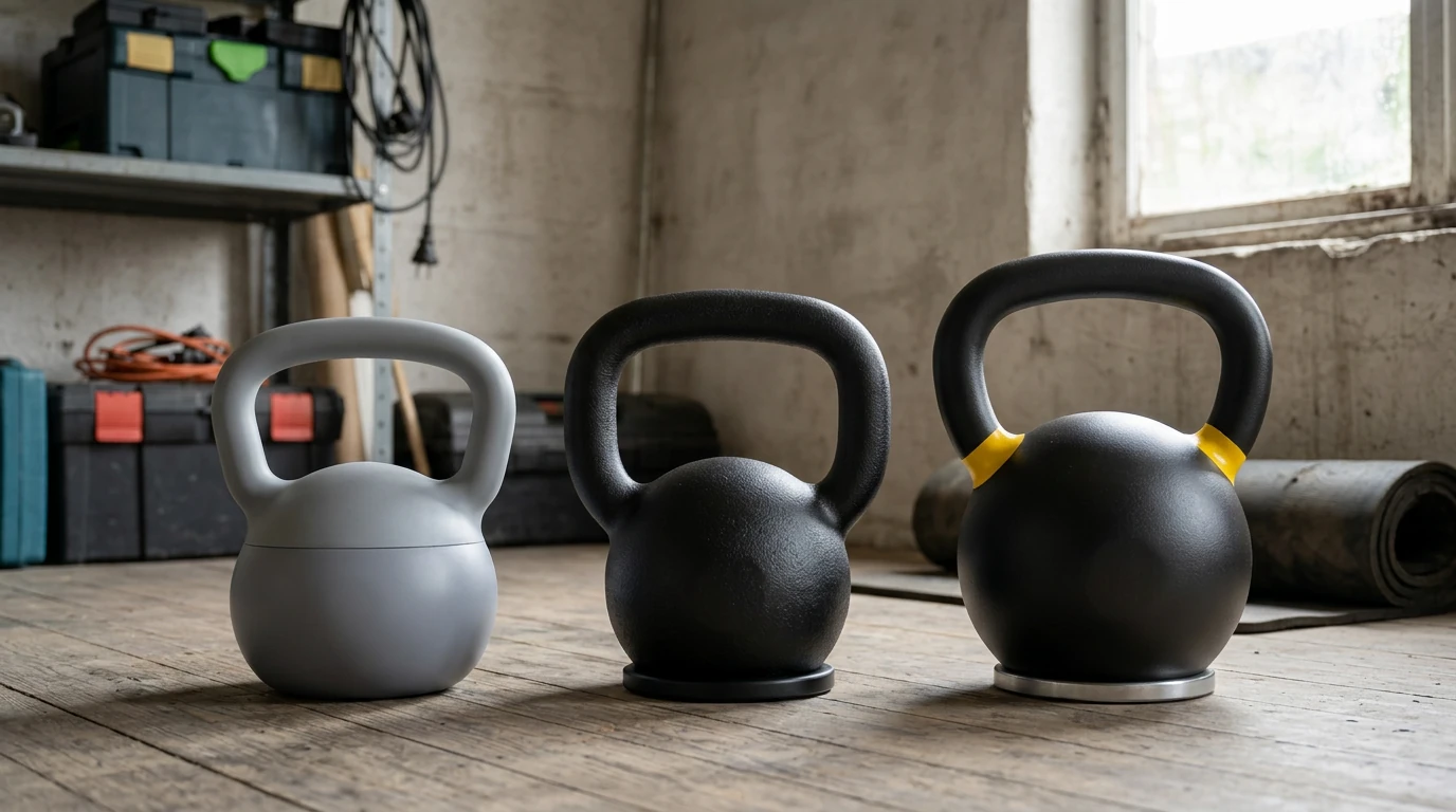 Trois kettlebells comparées : vinyle, fonte et acier